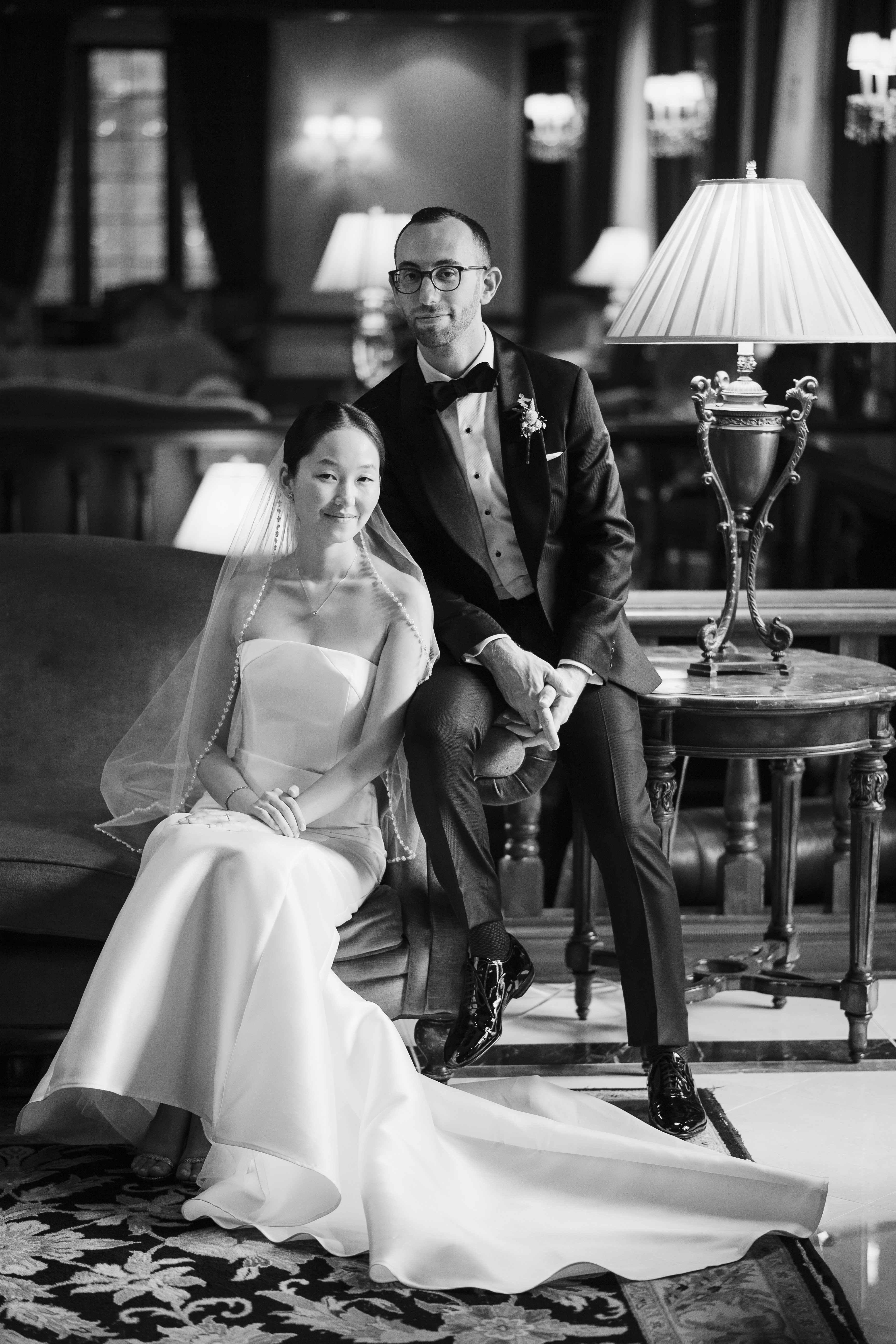 Couple formal portrait in hotel lounge